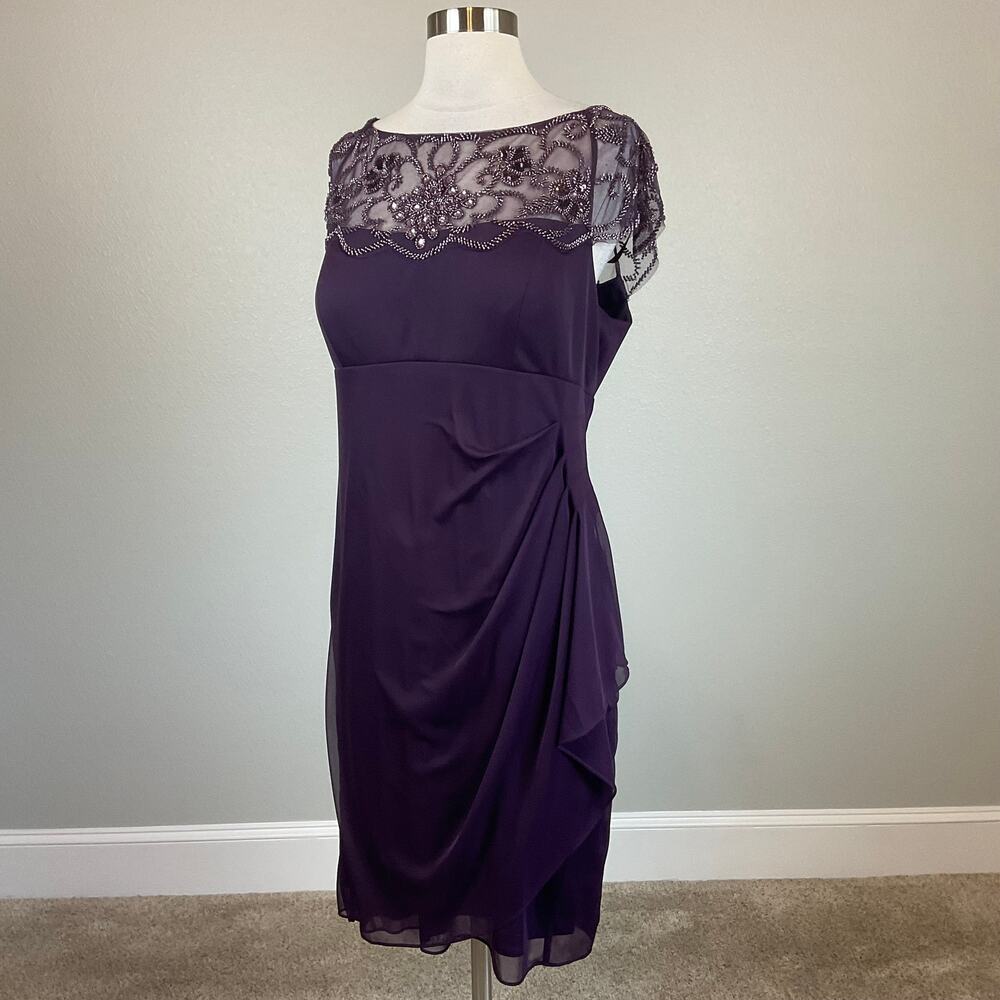 XSCAPE Beaded Chiffon Short Sleeve Ruched Sheath Cocktail Dress Purple Size 16 - Picture 5 of 12